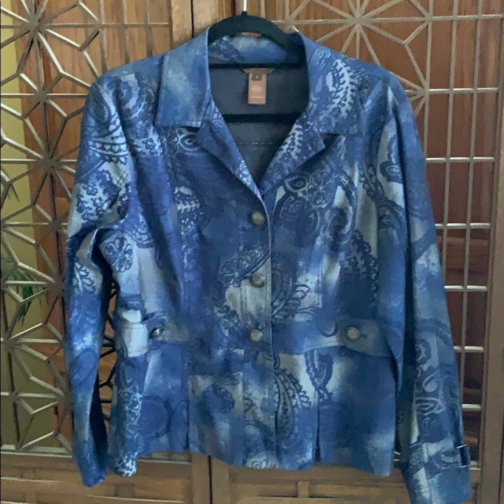 Multiples blue/gray jacket with pewter buttons.